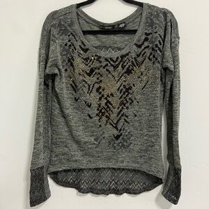 Miss Me Charcoal Long Sleeve Top with Gold Accents Size Small